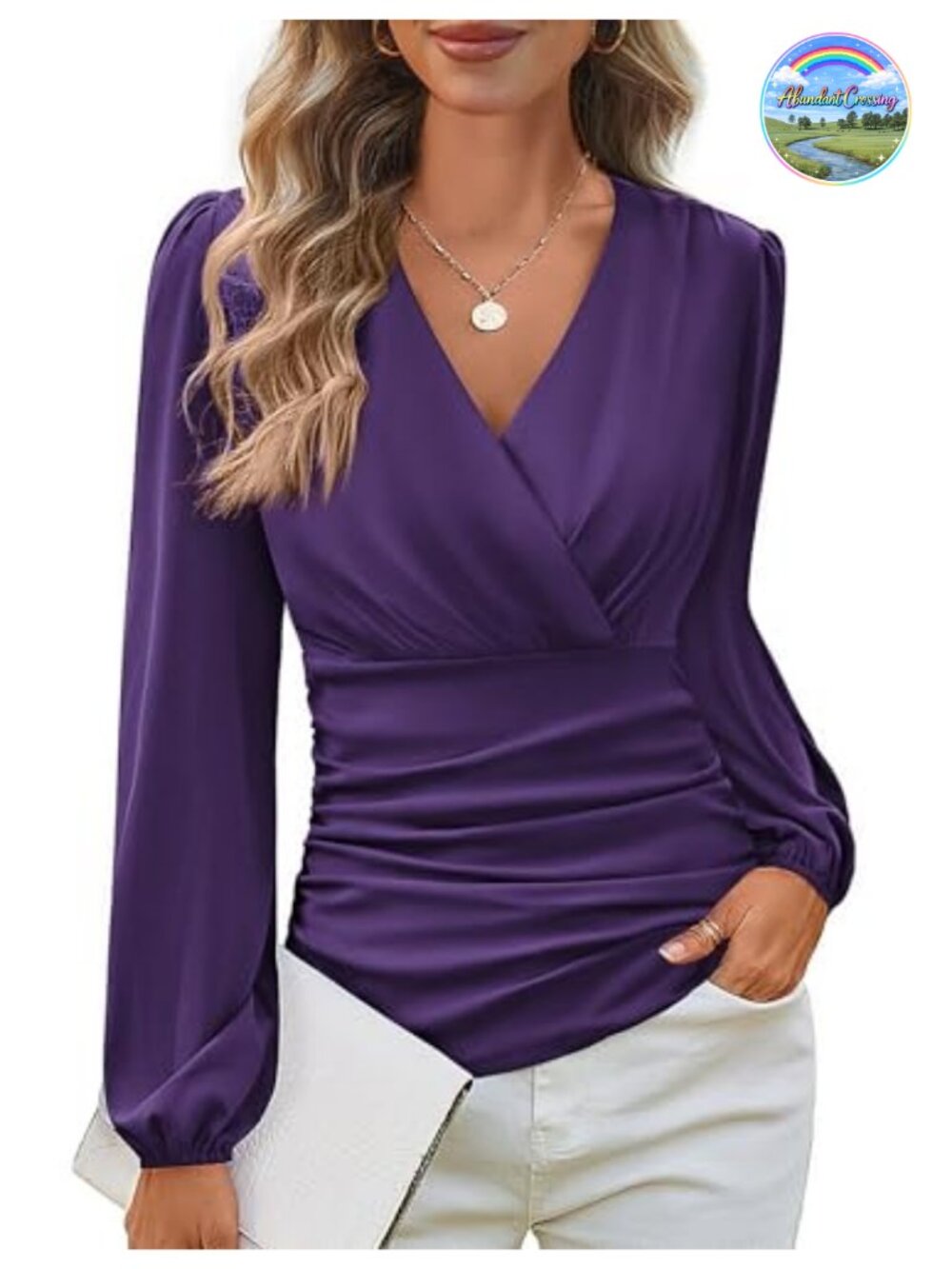 Womens Long Sleeve Wrap Blouse V-Neck Ruched Tummy Control Dressy Casual Top